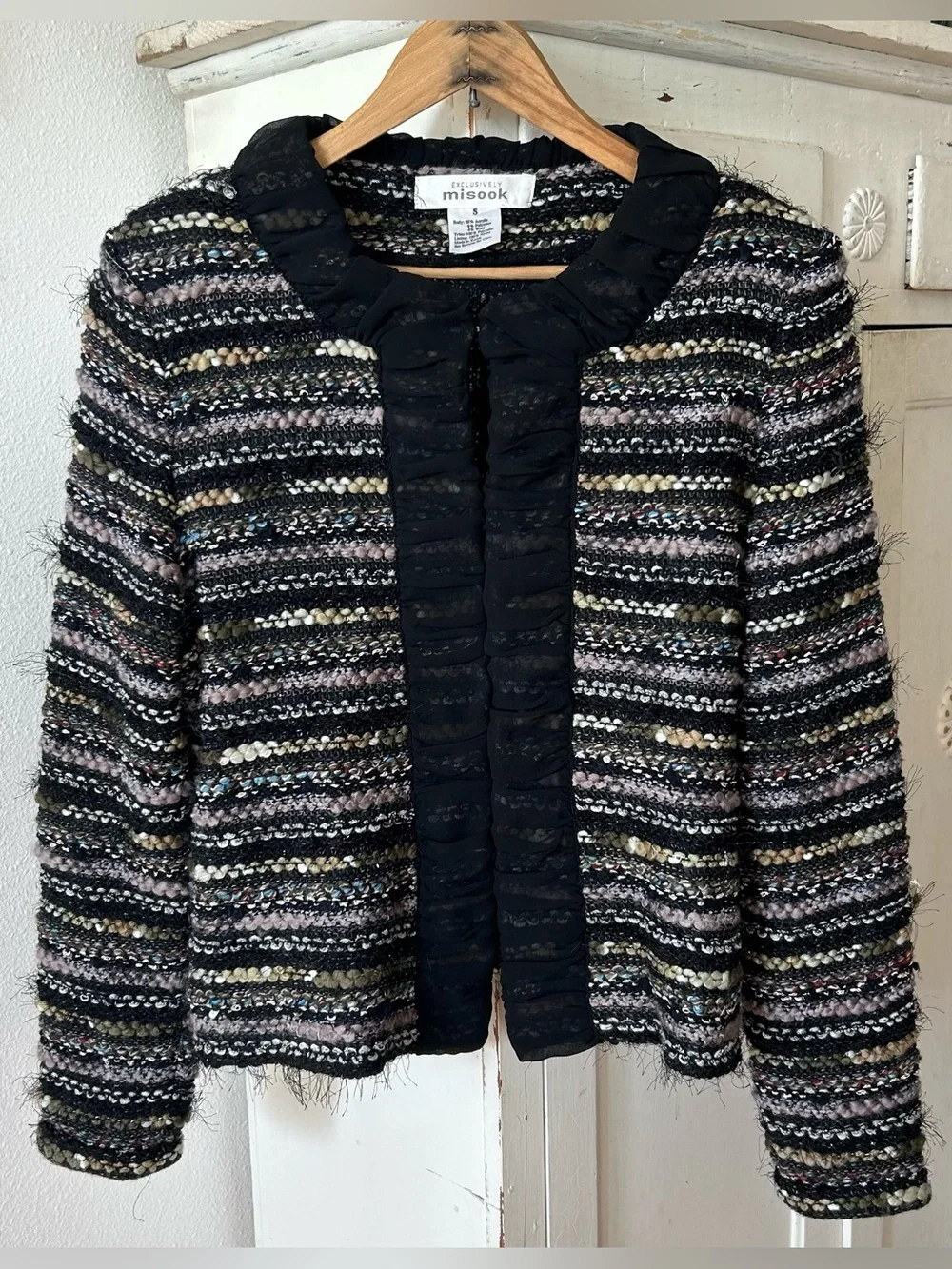 Misook | Women’s Black/Multi Knit Front Clasp Long Sleeve Collarless Blazer Sz S